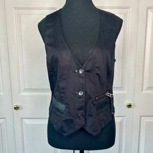 Firetrap Black Button Up Vest with Zipper Pockets & Satin Back Size Large